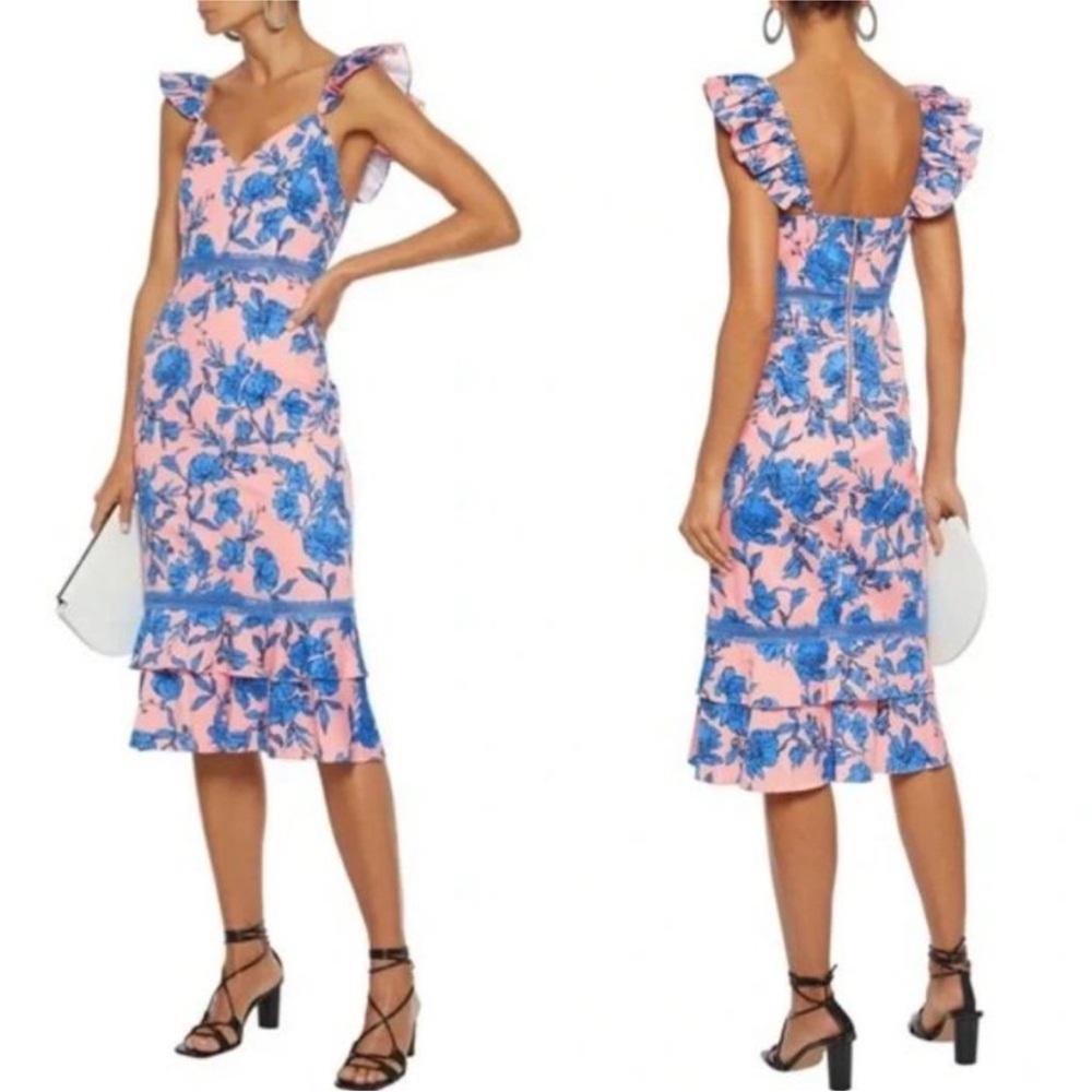 Alice + Olivia Jade Ruffled Floral Midi Dress Coral Blue Lace Illusion Size 12